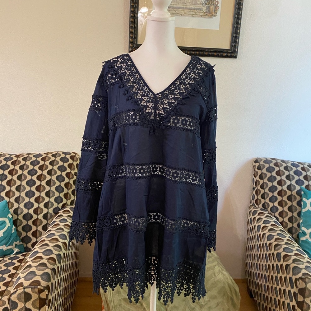Tory Burch Navy Blue Crochet Lace Mini Dress, Cover Up, Long Sleeve, V-neck, Med